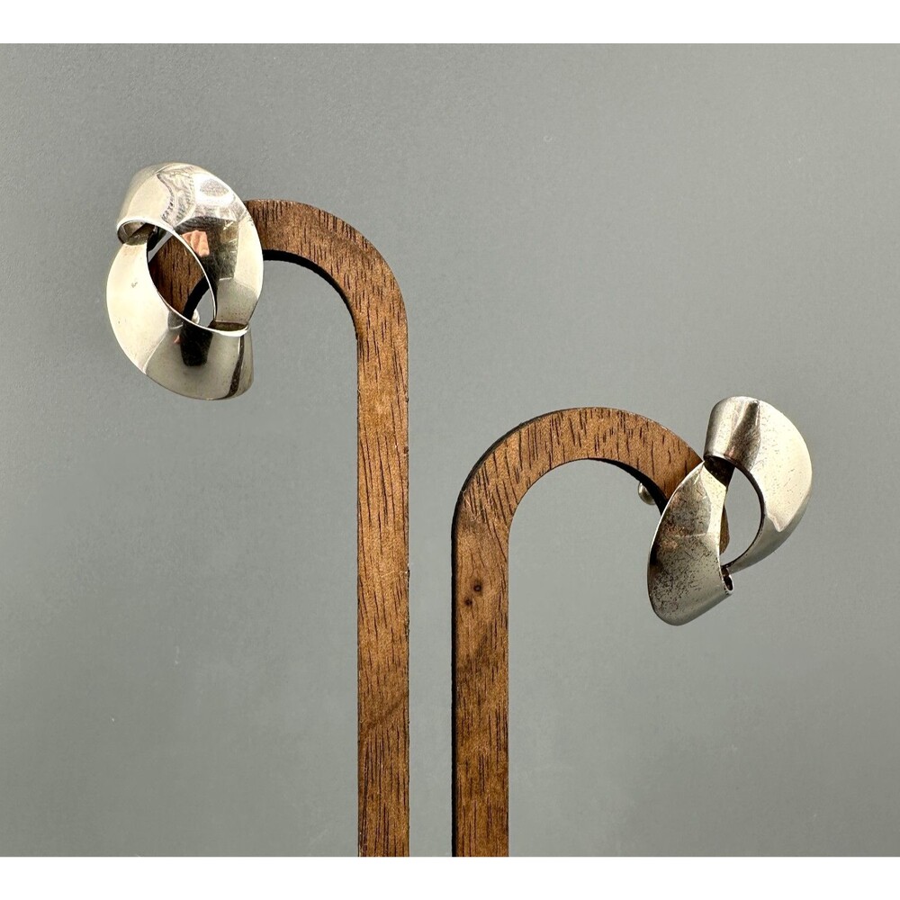Vintage Sterling Silver Modernist Earrings Abstract Sculptural Screw Back MCM